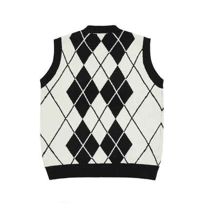 sanyamk High Street Contrast Color Geometric Letter V Neck Sleeveless Sweater Men and Women Retro Pullover Loose Knitted Vest Clothes