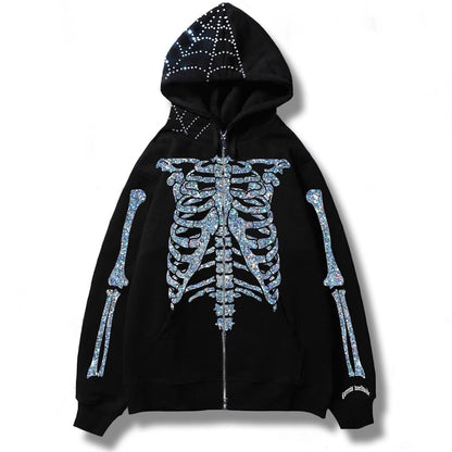 sanyamk Mens Black Streetwear Skull Hoodies Y2K Vintage Cardigan Skeleton Hoodie Men Oversized Zip Up Hooded Sweatshirt Tokyo Revengers