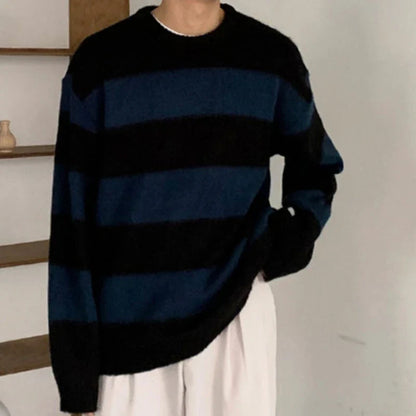 Bonsir Striped Sweaters Men Autumn Korean Style Loose Slouchy Harajuku Long Sleeve Knitwear All-match High Street Males Pullovers Daily