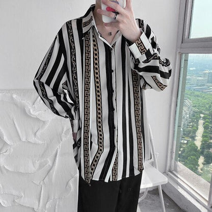 sanyamk sanyamk Autumn High-end Long Sleeve Shirt for Men Chain Printing Loose Casual Trend Retro Ice Silk Drape Design Striped Shirt