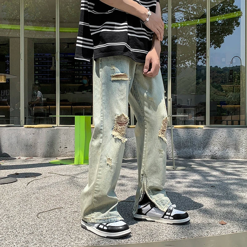 sanyamk Ripped Holes Jeans Men Summer Oversized M-5XL Denim Wide Leg Trousers Casual Retro Hip Hop Korean Fashion Zipper Decor Pants