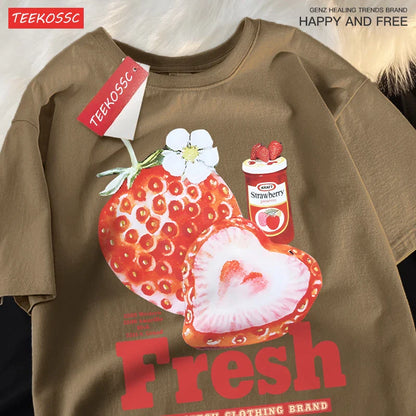 sanyamk  Fresh Strawberry American Retro Creative Printed Short Sleeved T-shirt Men Women Trendy Brand Loose Versatile Half Sleeved Shirt