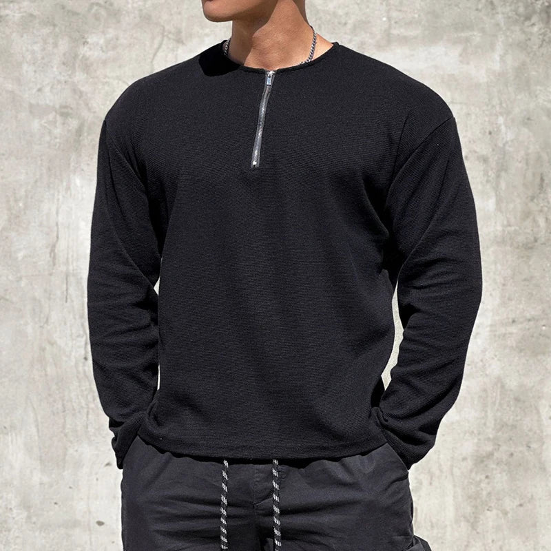 sanyamk  -  Men Clothing Casual Long Sleeve Muscle Male Pullover Simple Waffle Tops Tee t-shirt Vintage Solid Zipper Loose Gym Shirts