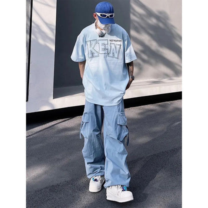 Bonsir American vibe high street men blue overalls men and women summer trend hiphop all-match loose straight couple casual pants