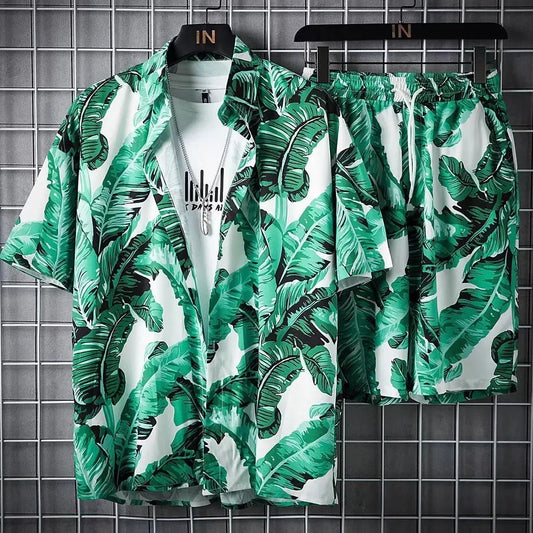 sanyamk Summer New Men Beach Clothes 2 Piece Set Quick Dry Hawaiian Shirt Shorts Set Men Fashion Clothing Printing Casual Male Outfits