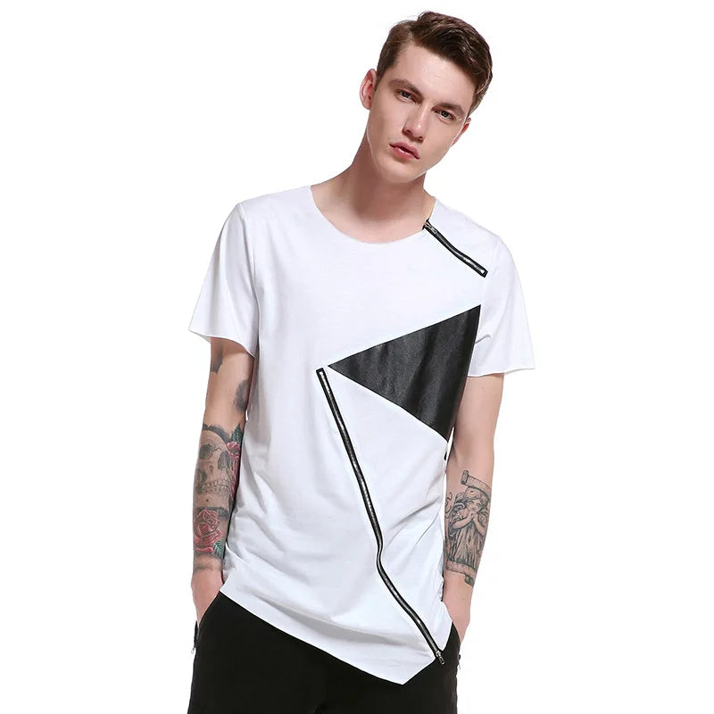 sanyamk T Shirt Men 2024 Personality tailoring Long Patchwork Leather Zipper T-shirt Men Hiphop Short Sleeve Longline Casual Top Tee