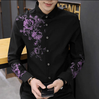 sanyamk Spring Business Casual Long-sleeved Polo Collar Men's Shirt Button Floral Printing Korean Fashion Slimming Fashion Commute Tops