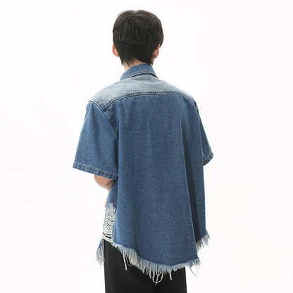 sanyamk High Street Men's Fashion Burrs Hole Denim Shirts Vintage Niche Desian Male Casual Short Sleeve Lapel Cardigan Coat