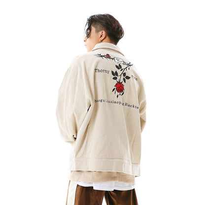 Bonsir Retro Harajuku Letter Floral Embroidery Thick Winter Clothes Men's High Street Solid Color Lapel Oversized Windbreaker Jackets