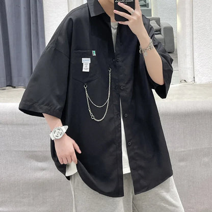 sanyamk Summer Men'S Short-Sleeved Shirt Oversized Korean Version Of The Top Chain Pendant Harajuku Streetwear Men'S Shirt Men