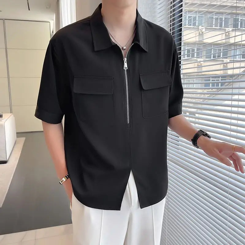 sanyamk  -  Korean Version Men Fashion Half Zipper T-Shirts Summer New Cool Feeling Male Clothing Anti-Wrinkle Pocket Solid Thin Casual Tops