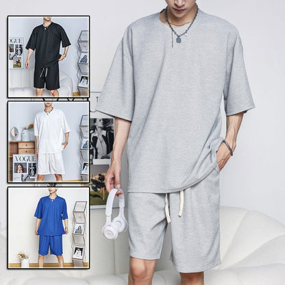 sanyamk Waffle Two Piece Set Men Short Sleeve O-neck T shirts And Shorts Casual Sports Suits 2023 Summer Fashion Mens Tracksuit  Outfits