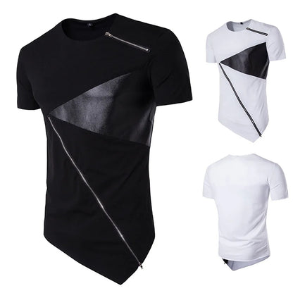 sanyamk T Shirt Men 2024 Personality tailoring Long Patchwork Leather Zipper T-shirt Men Hiphop Short Sleeve Longline Casual Top Tee