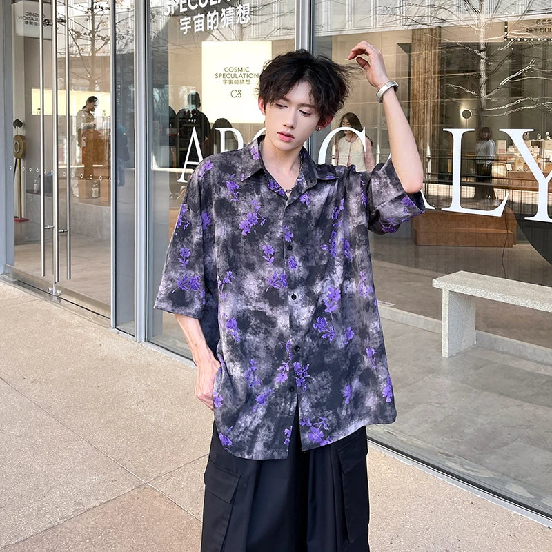 Bonsir Summer Floral Printing Short Sleeve Shirts Men Fashion Casual Loose Shirt Korean Street Style Ice Silk Cool Blouse Mens Shirt