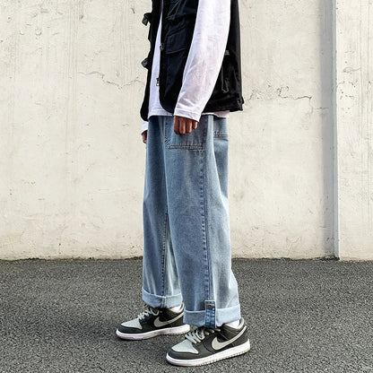 sanyamk Spring New Wide-leg Jeans Men's Straight Loose Pants Hong Kong Style Trend Retro Trousers Bottom Buckle Ankle-length pants