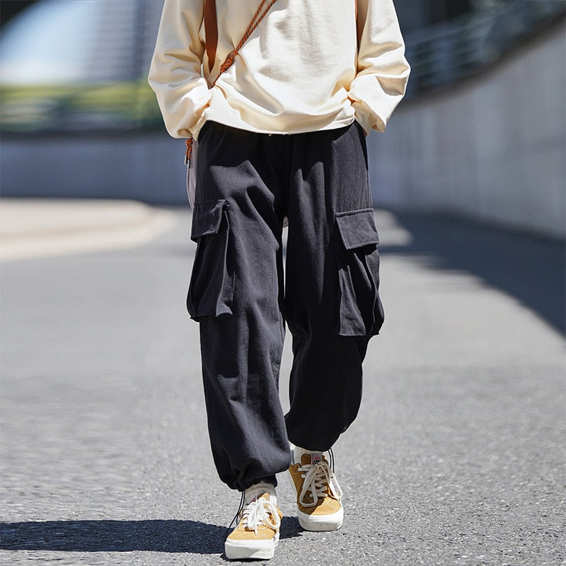 Bonsir Large Pockets Men's Cargo Pants Drawstring Loose Fashion Streetwear Male Trousers Harajuku Solid Color Pants