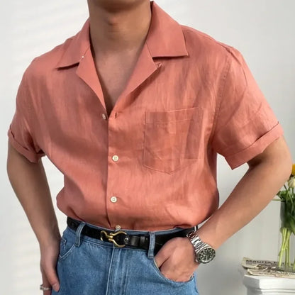 sanyamk  -  Summer Linen Cuban Collar Short-sleeved Shirt Beach Holiday Breathable Solid Color Shirt Retro Loose Top Ropa Hombre Casual