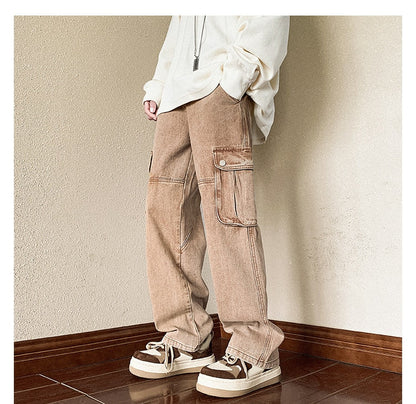 sanyamk 4 Colors Baggy Cargo Jeans Men Fashion Casual Pocket Jeans Men Streetwear Hip Hop Loose Straight Denim Pants Mens Trousers M-2XL