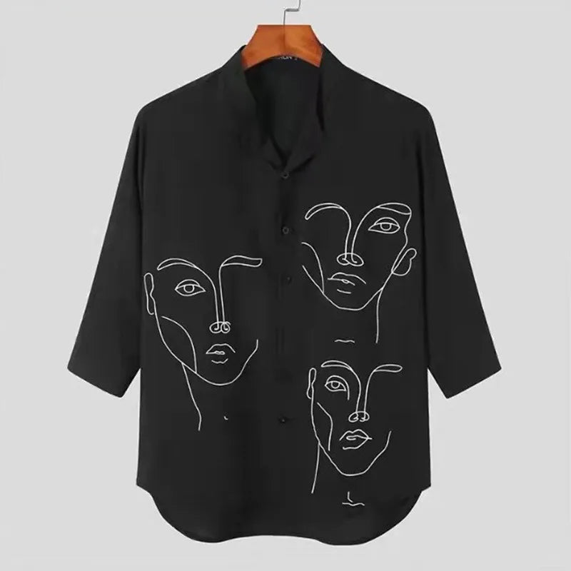 sanyamk Human Face Pattern Shirt Top Three Quarter Sleeve Casual Shirt Black and White Fashionable Young People Street Clothing Summer