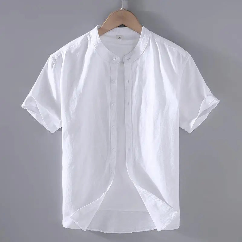 sanyamk Cotton Linen Hot Sale Men's Short-Sleeved Shirts Summer Streetwear Plain Color Stand Collar Casual Beach Style Plus Size M-3XL