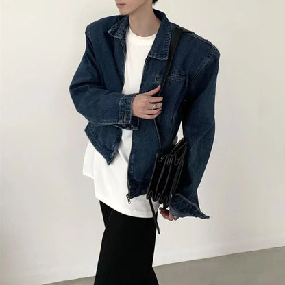 sanyamk Mens Autumn College Style Simple Y2k Niche Short Denim Jacket Fashion Youth Trend Retro Washed Shoulder Pad Cardigan Jacket Men