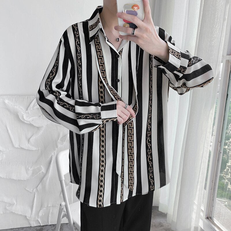 sanyamk sanyamk Autumn High-end Long Sleeve Shirt for Men Chain Printing Loose Casual Trend Retro Ice Silk Drape Design Striped Shirt