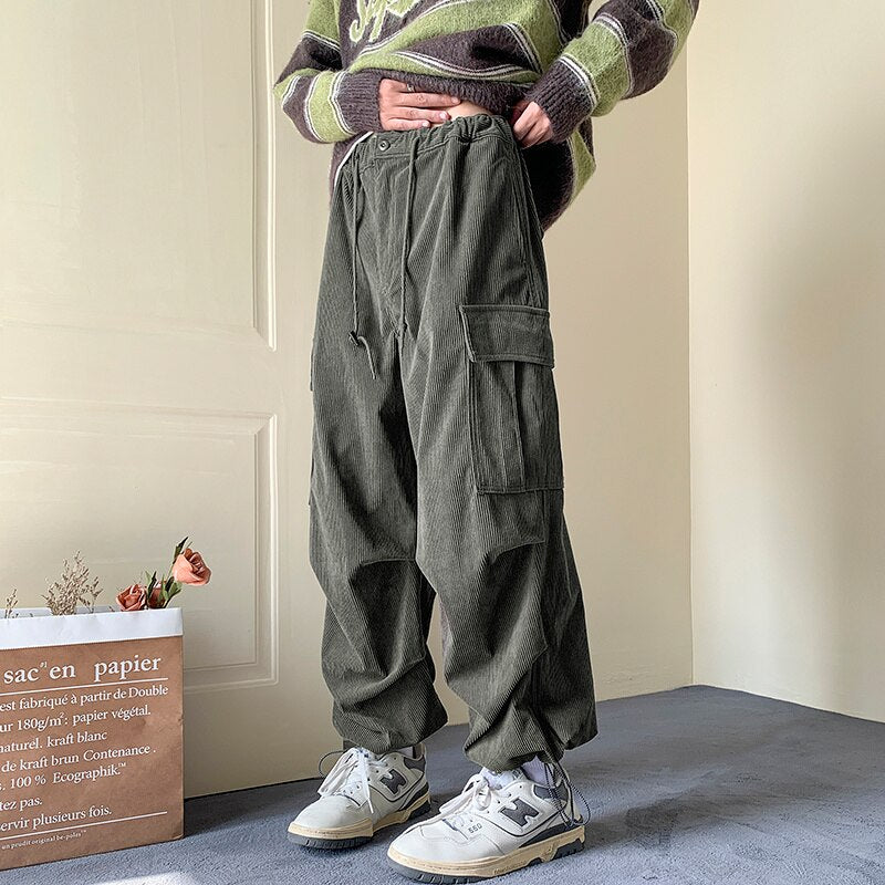 Bonsir Autumn Winter Corduroy Pants Men Fashion Oversize Pocket Cargo Pants Men Streetwear Hip Hop Loose Straight Pants Mens Trousers