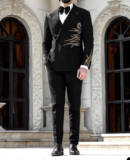 sanyamk Black Handsome Business Men Suits With Beads Handmade Two Pieces Jacket Pants Custom Made Designer Wedding Formal Occasion