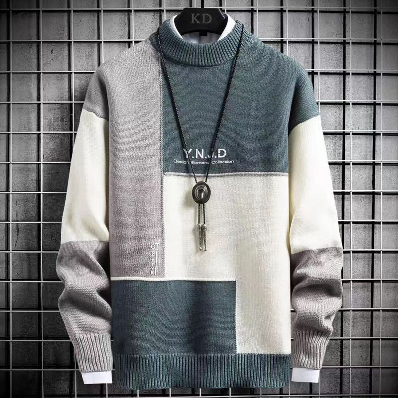 Bonsir  autumn and winter new sweater warm fashion stitching color matching pullover round neck sweater thickened knitted sweater