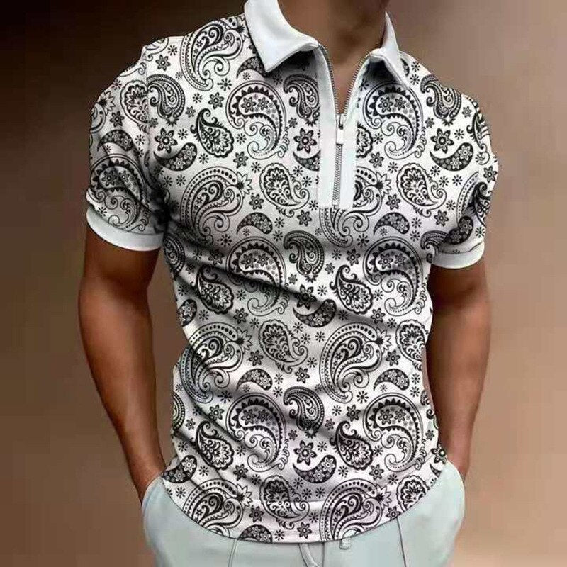 sanyamk Summer New Short Sleeve Printed Slim Fit Zip Lapel Men's Polo Shirt