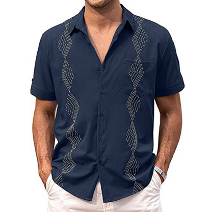 Bonsir Summer Men's Lapel Casual Short-sleeved Shirt Embroidery Retro Fashion All-match Holiday Wind Thin Tops Camisetas Men's Clothing