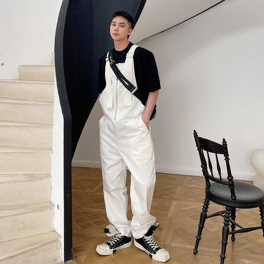 Bonsir Men's Loose Casual Overalls Pants Men Korean Japan Korean Streetwear Fashion Black White Bib Pant Male Cargo Jumpsuit Trousers