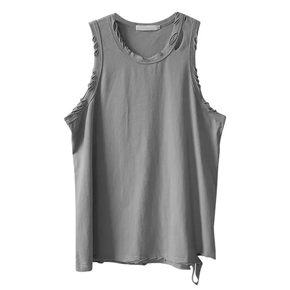 Bonsir Y2k Streetwear Undershirt Men's Trend Ripped Old Vest Summer New Solid Sleeveless Top T-shirt Sports Neutral Casual Sweatshirt