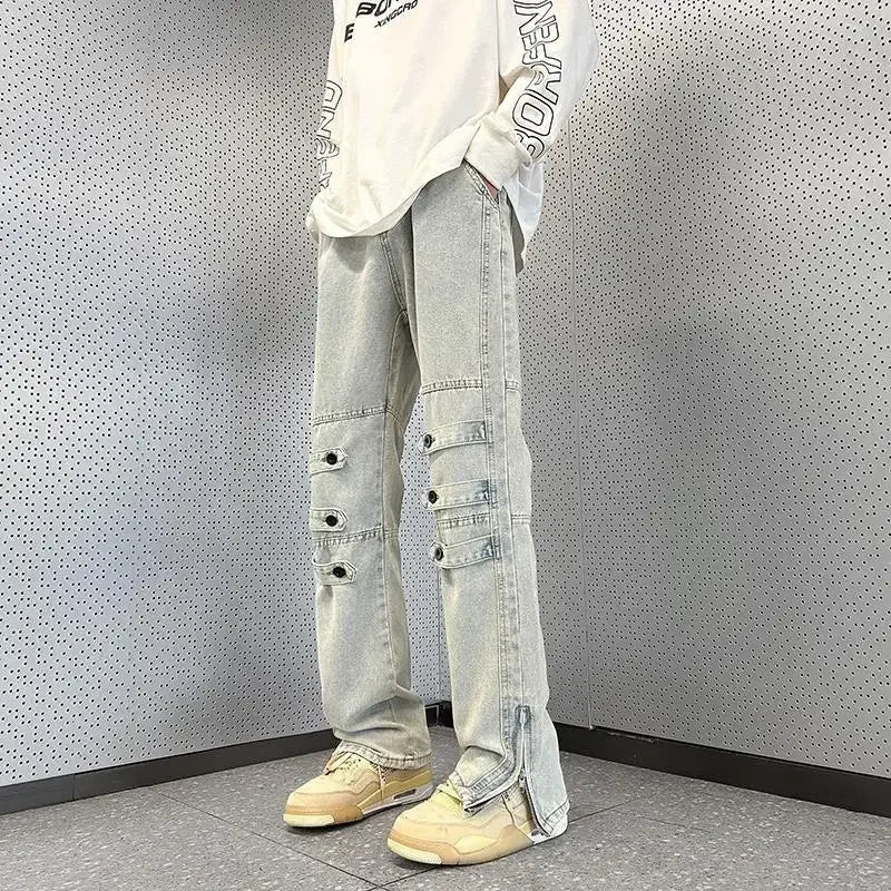 sanyamk Male Cowboy Pants with Slits Jeans for Men Flared Trousers Bootcut Zipper Punk Kpop Luxury Korean Style Stacked Retro Denim Soft