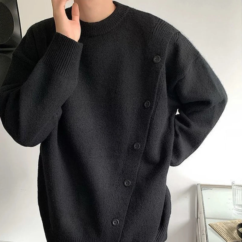 Bonsir Winter Solid O-neck Buttoned Slit Sweaters Couples Loose Casual High Street Pullovers Men Knitted Tops Male Clothes