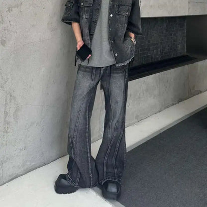 sanyamk American street retro high street men and women trendy personalized washed straight leg jeans loose micro flared casual pants