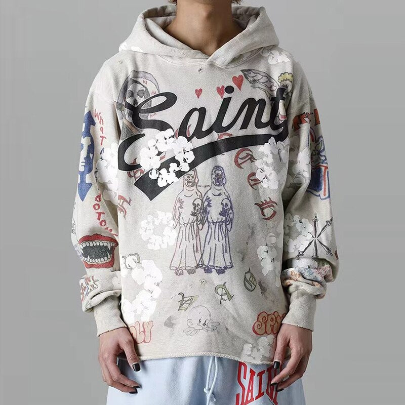 sanyamk Harajuku Retro Kapok Graffit Casual Hooded Hoodies Men and Women Streetwear Oversized Terry Sweatshirts Loose Hip Hop Hoody