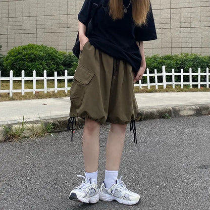 sanyamk American Style Vintage Solid Color Trend Loose Casual Fashion Korean Version Simplicity Commute Wide Leg Youth Cargo Shorts