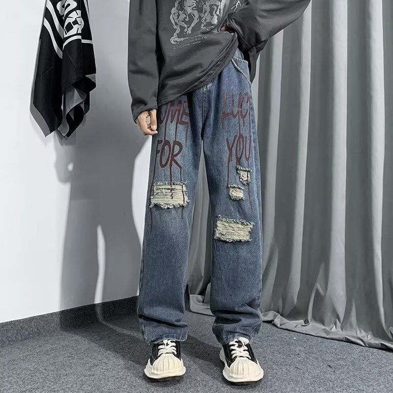 sanyamk y2k clothes High Street Hip Hop Washed Distressed Letter Printed Jeans Men Fashion Brand Straight Leg WideLeg Loose Couple Pants