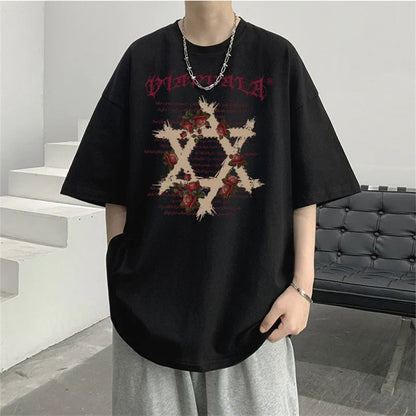 sanyamk Men Clothing 2024 Summer Trendy Letter Floral Print Tees Short Sleeve Oversize Y2K Harajuku T-shirt Youth Casual Streetwear Tops