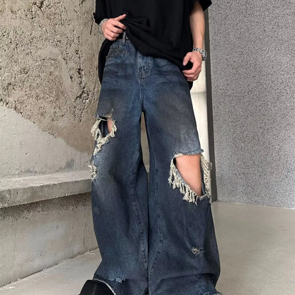 sanyamk American style high street summer distressed jeans men and women washed straight leg loose sweeping wide leg casual pants y2k