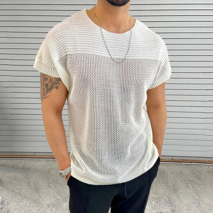 sanyamk  - Knitting Hollow Out Breathable Thin T Shirt Mens Summer Fashion Pure Color Knitted T-shirts Men Casual O Neck Short Sleeve Tops