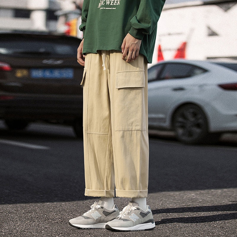 Bonsir Autumn Cotton Cargo Pants Men Fashion Pocket Casual Pants Men Japanese Streetwear Hip Hop Loose Straight Pants Mens Trousers