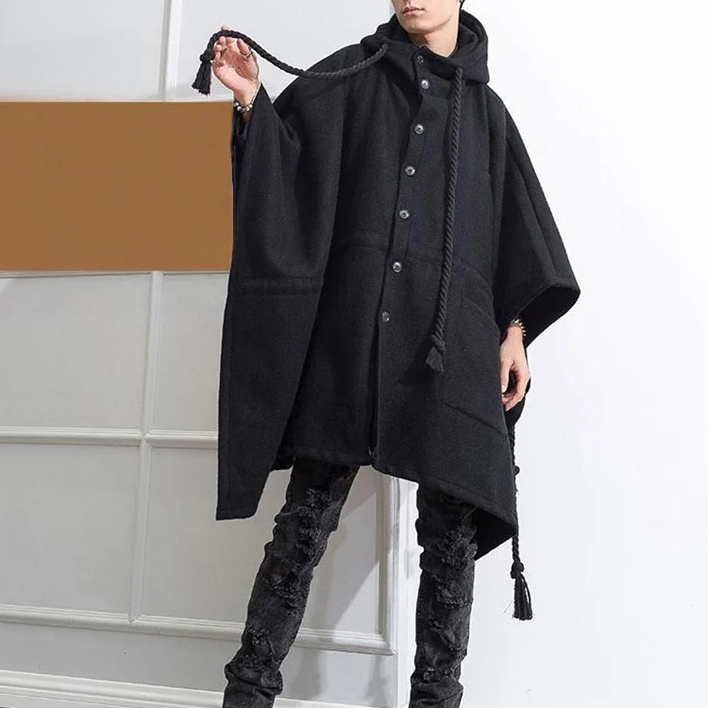 sanyamk Mens Dark Style Mid-Length Casual Hooded Cape Autumn And Winter Genderless Fashion Retro Loose Solid Color Shawl Cape Unisex