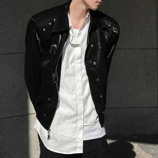 sanyamk Autumn Mens Wear Y2k Leather Glossy Design Niche Shoulder Pad Lapel Jacket Men'S Casual Loose High Street Short Jacket