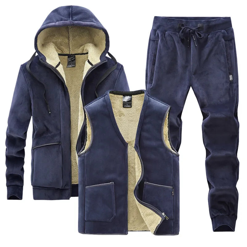 sanyamk Sweatshirt+vest+Pants Outerwear Sportswear Suit Men's Fleece Winter Set Fashion Winter Hooded Casual Tracksuit Thick Warm