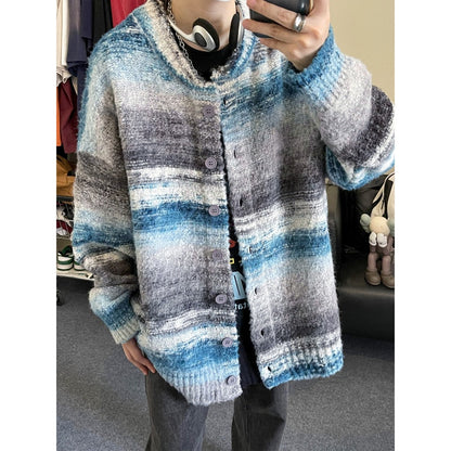 sanyamk New Retro Striped Tie-dye Contrast Color Knitted Sweater Couple Sweater Cardigan winter Trend Korean style Loose Men's Coat