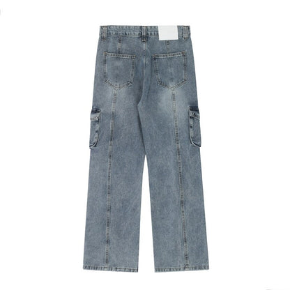 sanyamk High Street Washed Pockets Retro Jeans Pants for Men Straight Distressed Casual Baggy Denim Trousers Loose Hip Hop Cargos