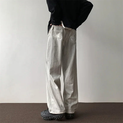 sanyamk Distressed White Wide-leg Jeans Pants Men Vintage Denim Male Loose Casual Japanese Streetwear Daily Casual Mopping Trousers