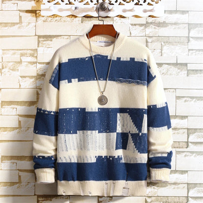 sanyamk New Autumn Men Fashion Sweaters Knitwear Top Contrast Color Stripe Hole Casual Jumper Knit Pull Vintage Jersey Christmas Sweater